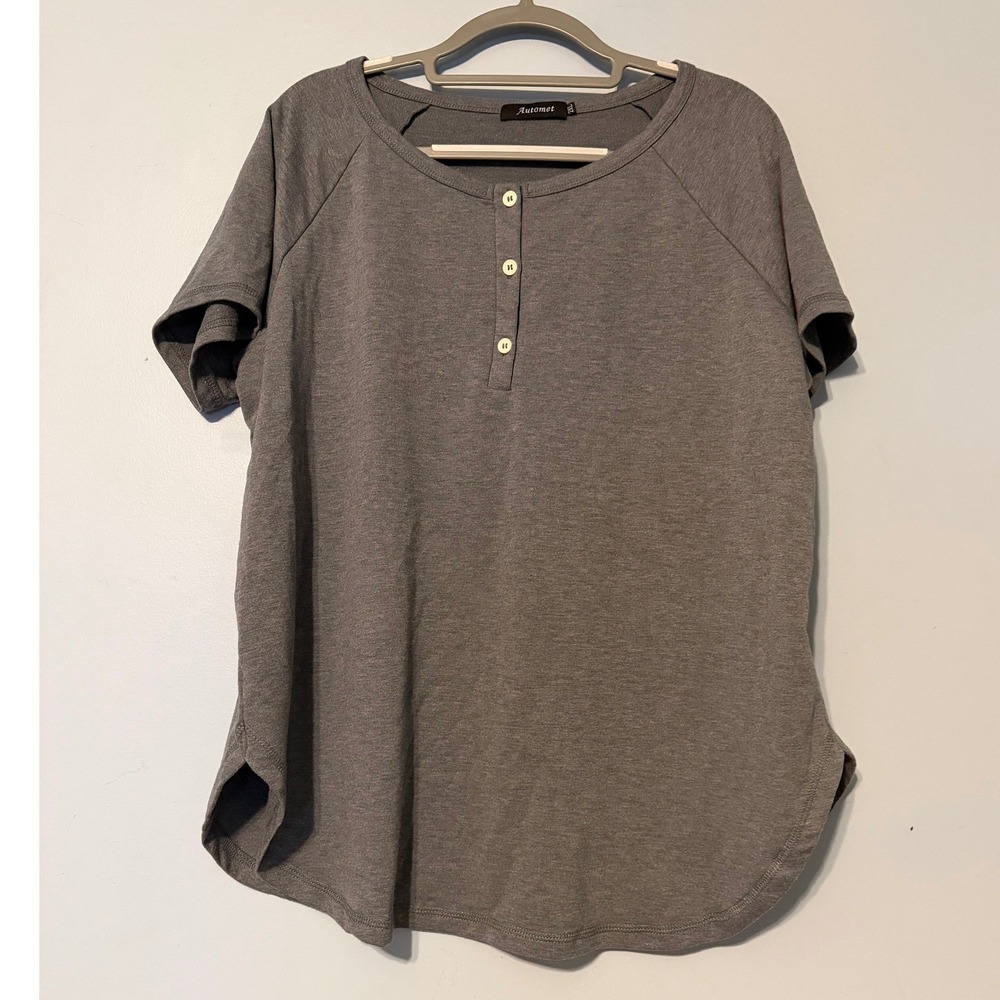 Automet Women's 2X Henley Top Short Sleeve Raglan Grey Curved Hem 2140
